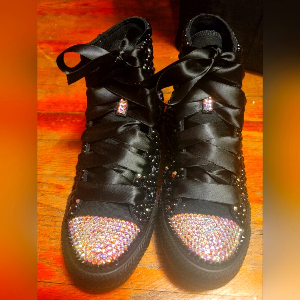 Custom Converse, black, rhinestone, size 7